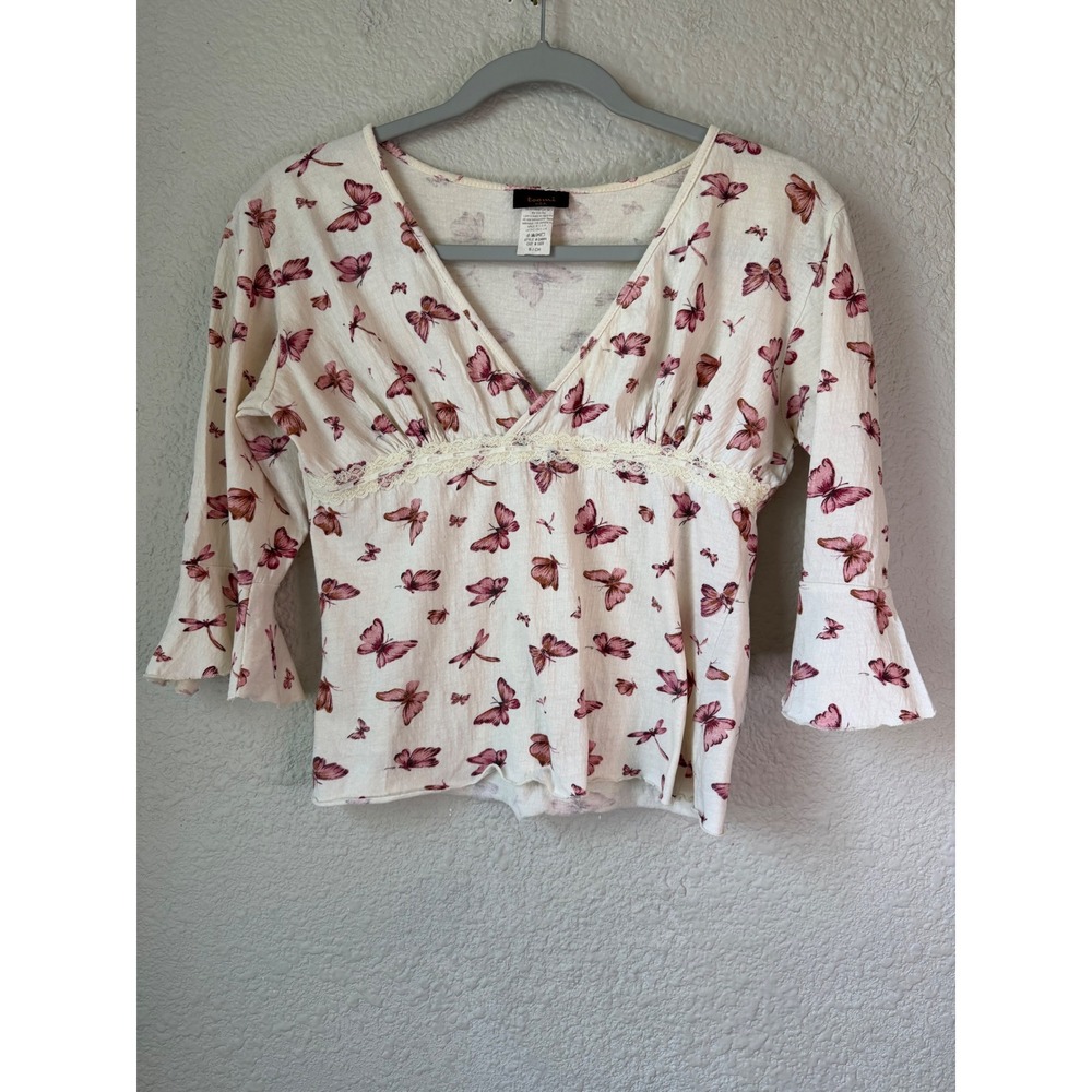 Y2K Butterfly Print Babydoll Top‎ Coquette Fairycore Cropped Small Made In USA